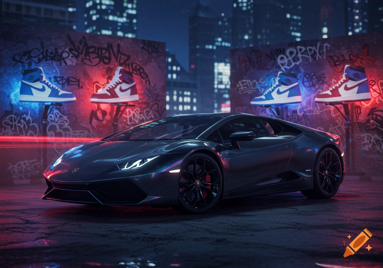 A sleek dark Lamborghini sits on a wet city street at night, illuminated by neon lights reflecting off graffiti walls featuring two pairs of glowing Jordan 1 sneakers.