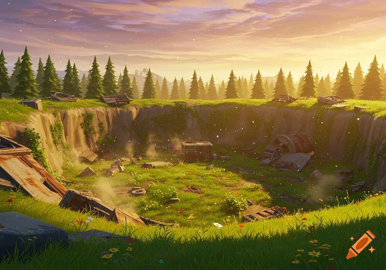 Stylized landscape of a large green crater with debris, surrounded by pine trees under a sunset sky, resembling Fortnite's Dusty Divot.