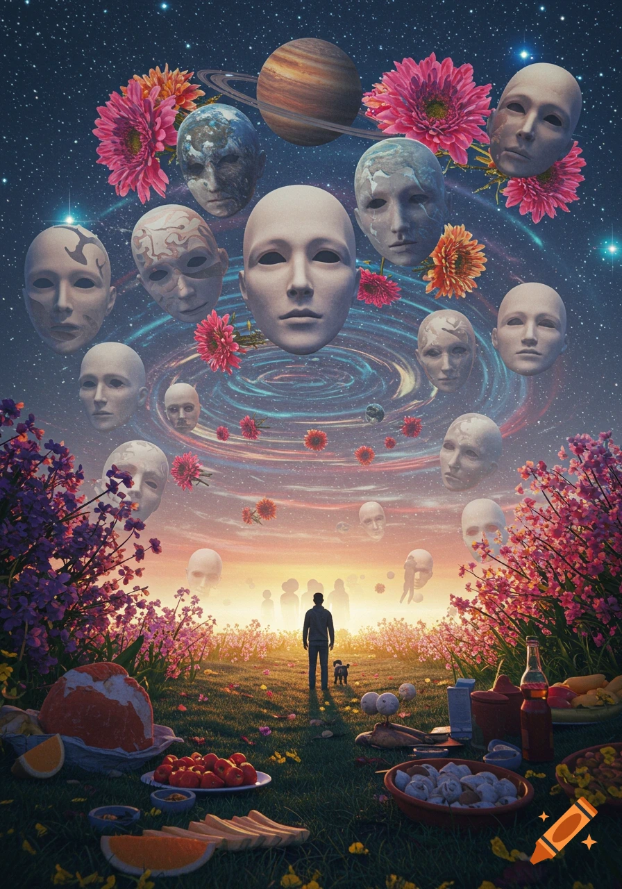 A surreal scene depicting a person standing in a grassy field with picnic food, looking towards a horizon with silhouetted figures. Above, a night sky is filled with planets, stars, flowers, and many floating, blank, mask-like faces.