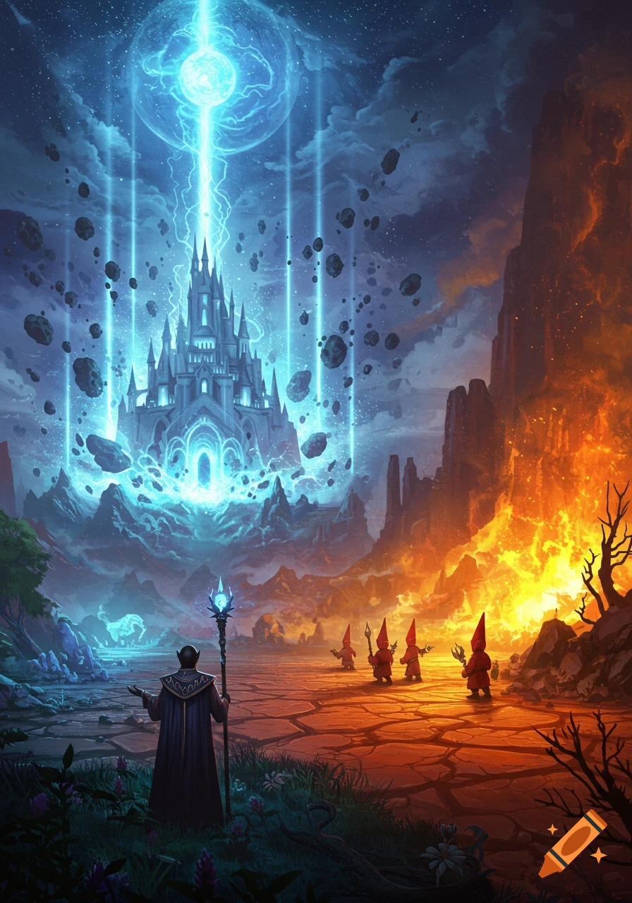 A dark wizard and red-hatted gnomes observe a split fantasy landscape, with a blue glowing castle under attack by floating asteroids on the left, and a fiery, barren landscape on the right.