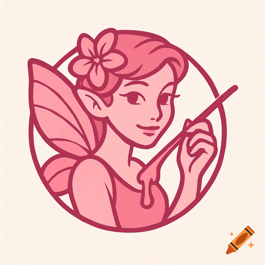 A pink cartoon fairy with pointed ears and a flower in her hair, holding a stick with dripping pink wax, enclosed in a circle.
