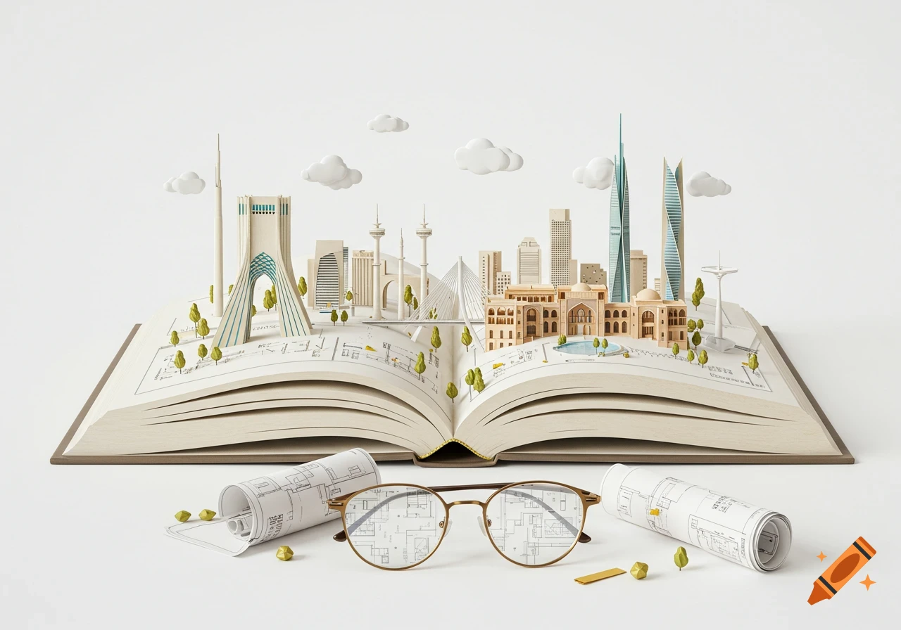 An open book with a minimalist Tehran skyline emerging, featuring Azadi and Milad Towers, with reading glasses reflecting blueprints.