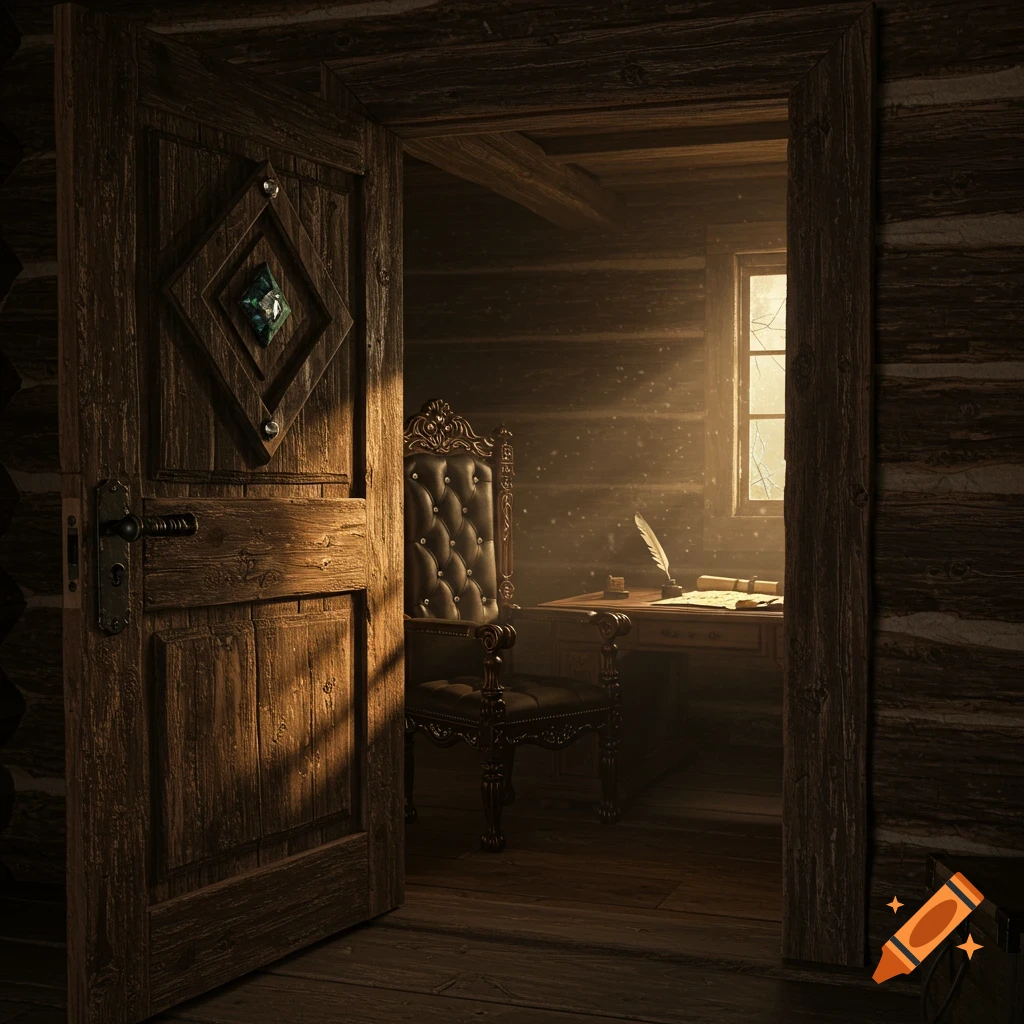 A dimly lit log cabin room seen through an open wooden door, featuring an ornate chair and a desk illuminated by sunlight from a window.