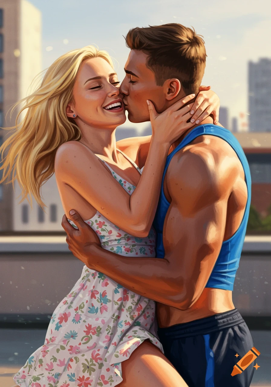 An illustrated blonde woman embracing a muscular man who is kissing her cheek, outdoors.