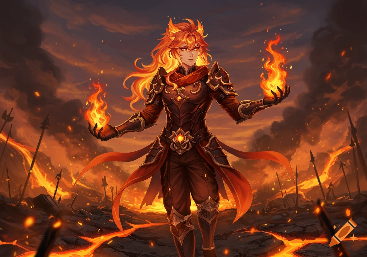 An anime-style character with fiery hair and dark armor, holding flames in a volcanic landscape.