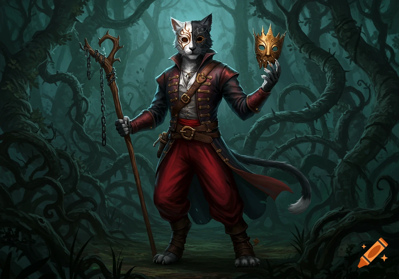 A masked feline prince with black and white fur stands in a dark enchanted forest, holding a staff and a golden mask. Mystical fantasy art.