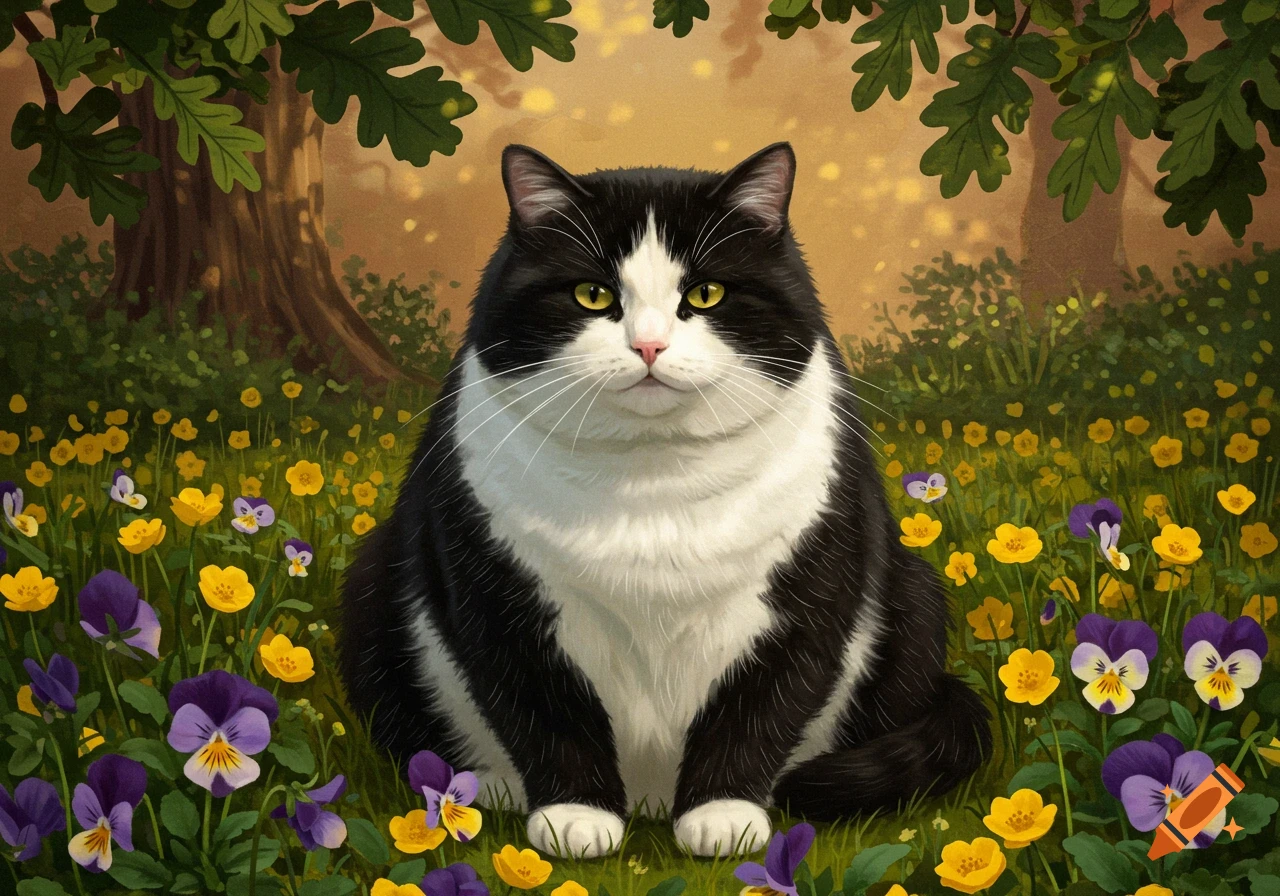 A fluffy black and white cat with yellow eyes sits in a field of yellow and purple flowers with trees in the background, in an illustrated style.