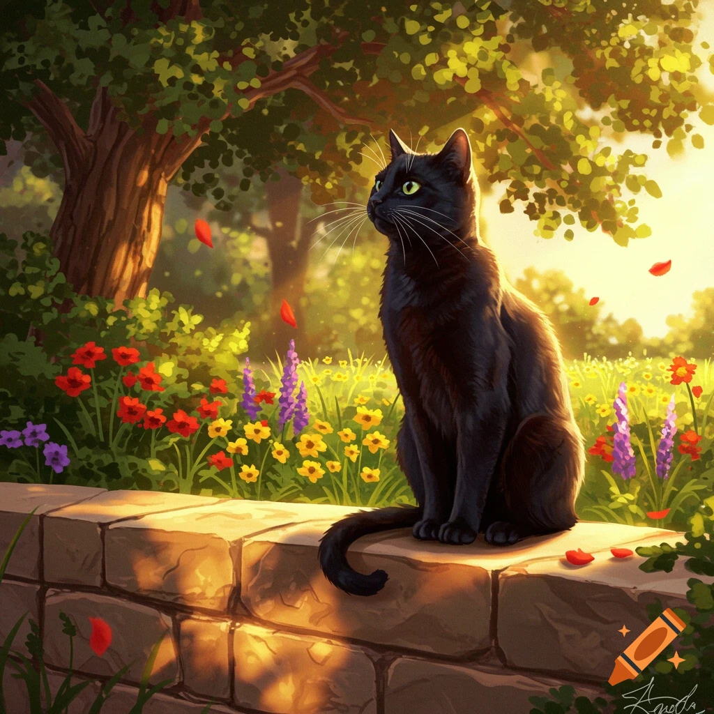 A black cat with green eyes sits on a stone wall in a sunlit garden, surrounded by colorful flowers and trees. Painterly style.