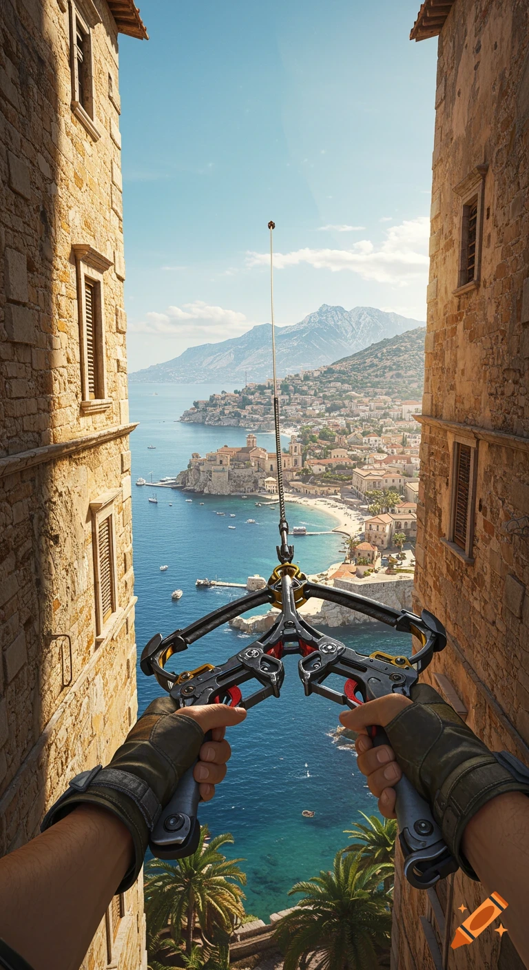Photorealistic first-person view of hands holding a grappling gun, looking down at a scenic Mediterranean coastal town between stone buildings.