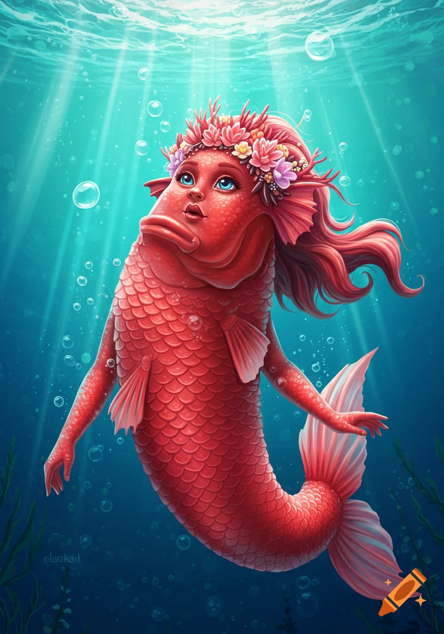A vibrant red fish with a human-like head, arms, and pink flowing hair, wearing a floral crown, swims underwater.