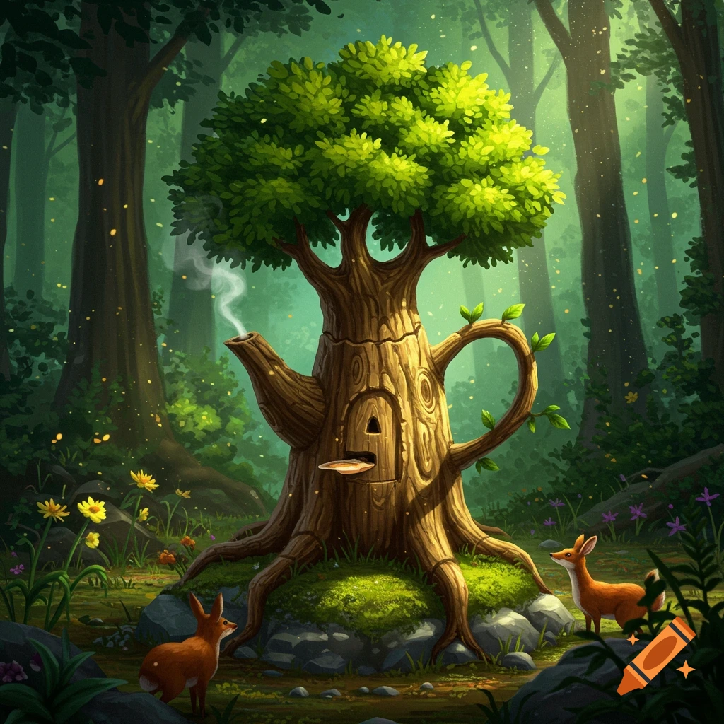 A whimsical forest scene with a tree shaped like a teapot, smoking from its spout, and two small foxes on mossy rocks.