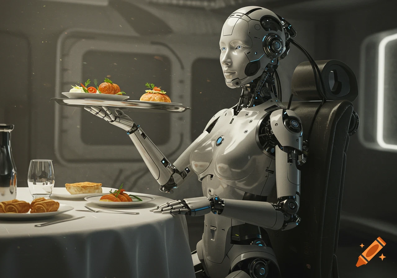 A hyper-realistic 3D render of a female android serving food at a futuristic dining table.