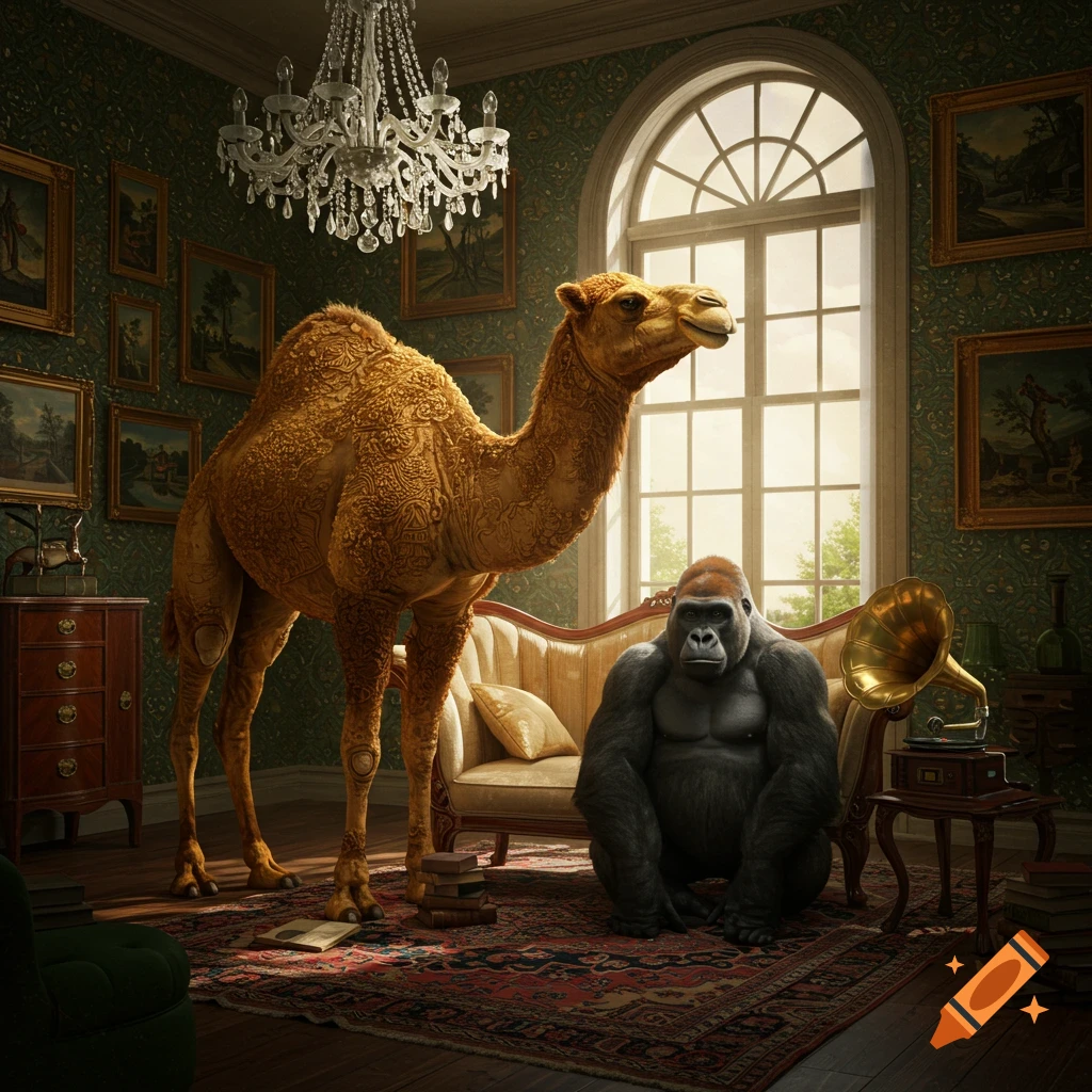 A photorealistic image of a camel and a gorilla in an ornate room with a chandelier and paintings.