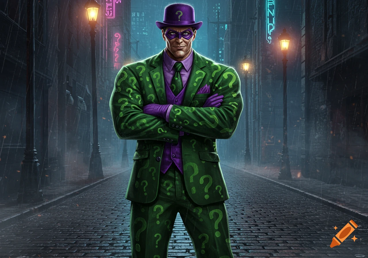 The Riddler, a muscular man in a green question mark suit and purple hat, stands in a rainy, neon-lit alley at night.