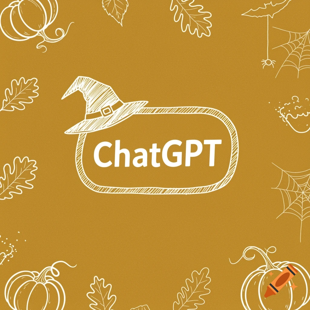 A white hand-drawn "ChatGPT" logo with a witch hat, surrounded by white sketched autumn leaves, pumpkins, and spiderwebs, on a golden background.