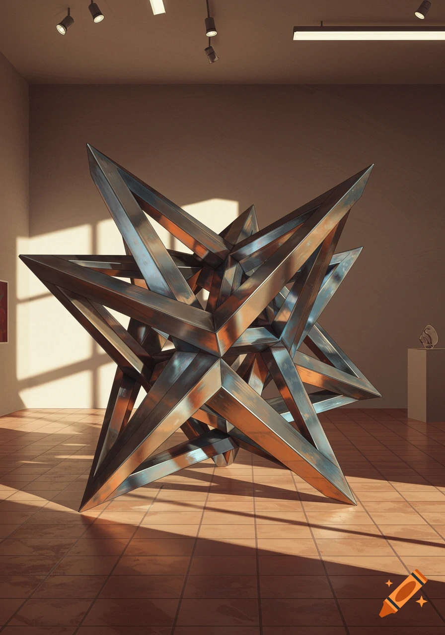 A large, complex, star-shaped metal sculpture in an art gallery, with sunlight casting sharp shadows on the tiled floor.