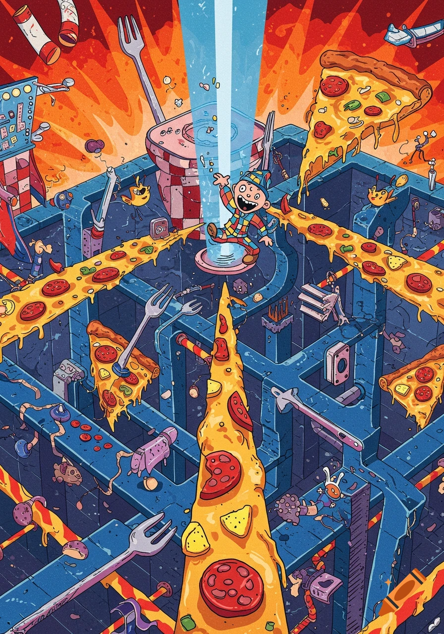 A chaotic cartoon illustration of The Noise from Pizza Tower being beamed up from a pizza-filled maze, with forks and various objects floating around.