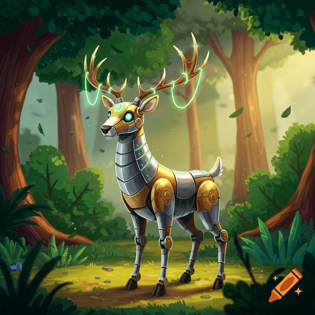 A cartoony mechanoid deer with glowing green accents stands in a vibrant green forest.