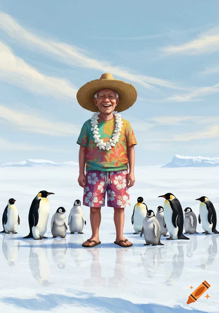 An old man in a straw hat, Hawaiian shirt, and shorts smiles while standing among penguins on an icy landscape.