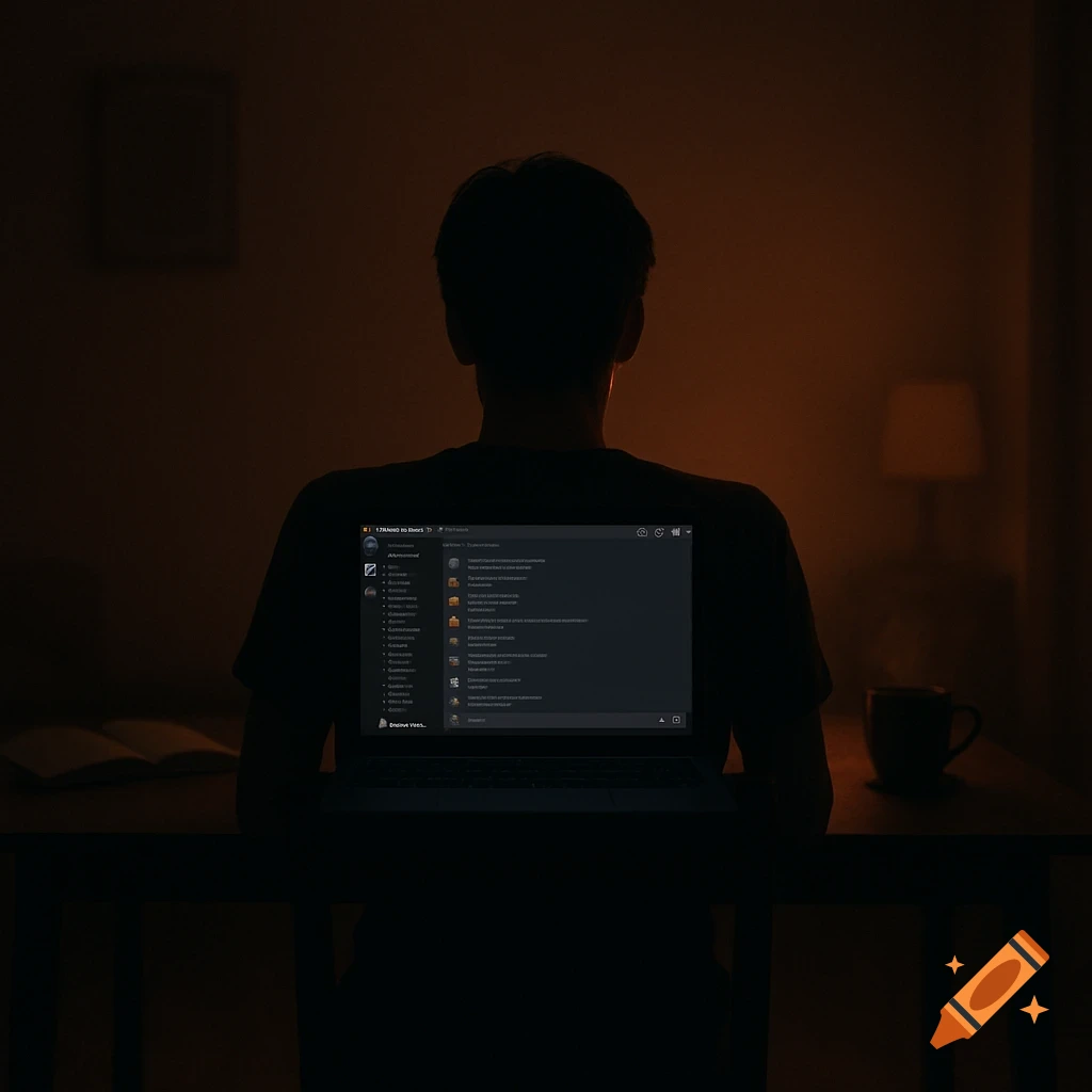 A person seen from behind, silhouetted by the faint glow of a laptop screen displaying a Discord interface in a dark room.