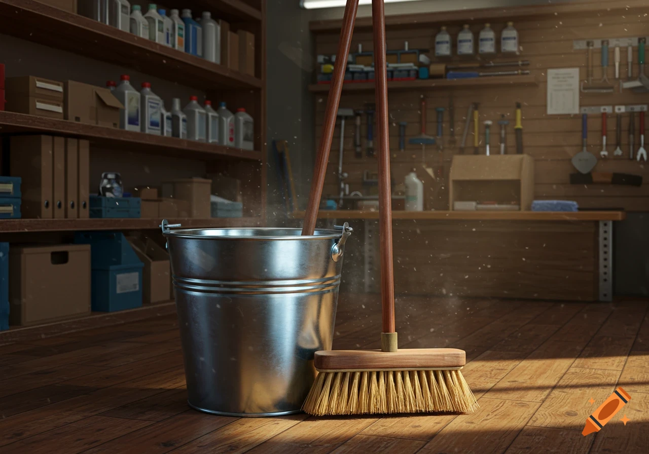 A shiny metal bucket next to a wooden broom on a dusty wooden floor in a workshop, with shelves of supplies and tools.