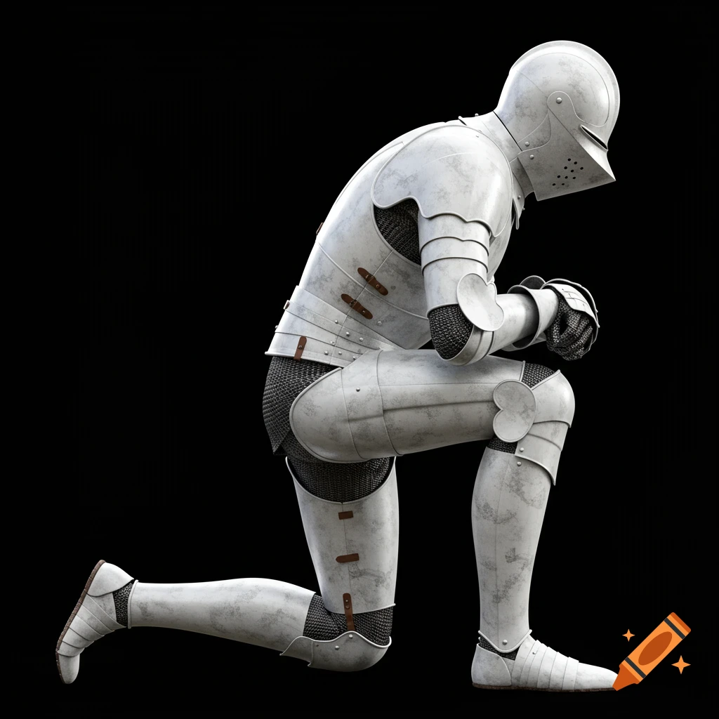 Photorealistic white armored knight kneeling on one knee against a black background.