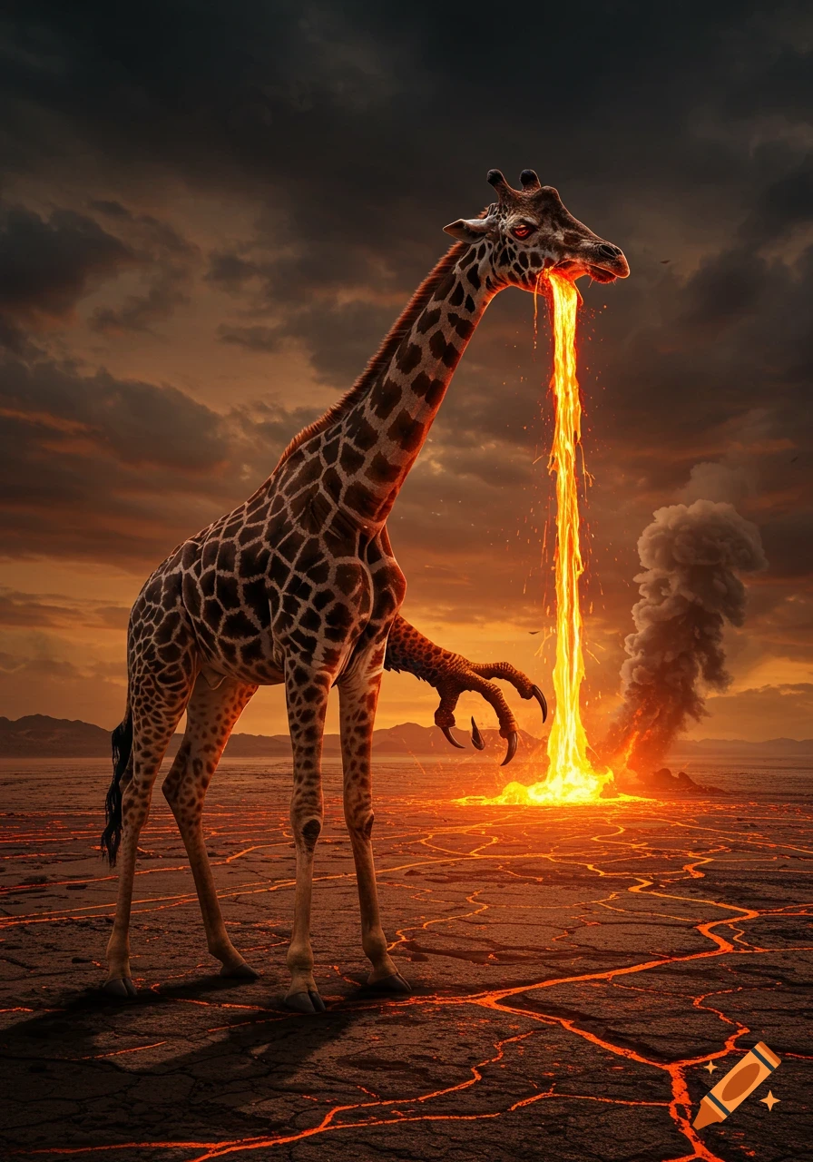 A mutated giraffe with an eagle claw spews lava from its mouth onto a cracked, fiery ground under a dark, dramatic sky.