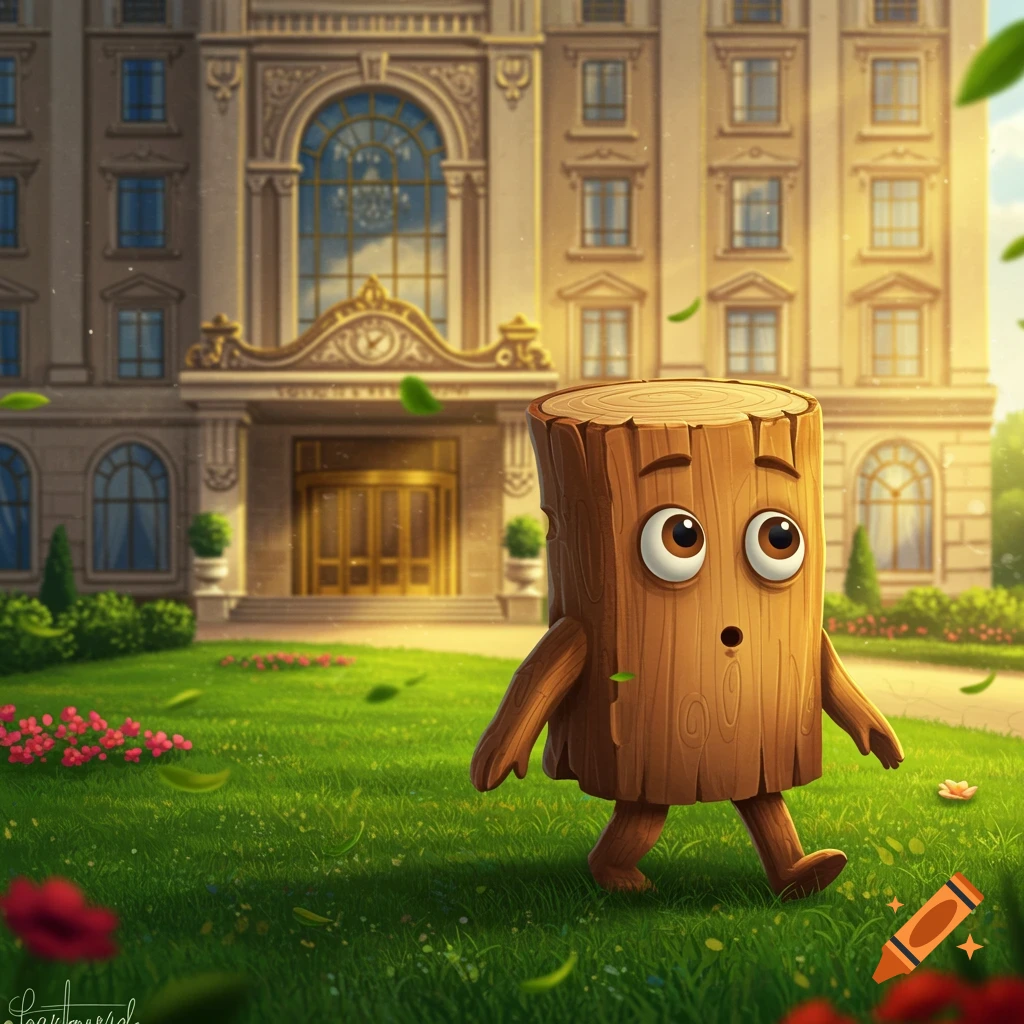 A cartoon wooden log character with big eyes and human feet walks in a green garden outside a grand hotel.