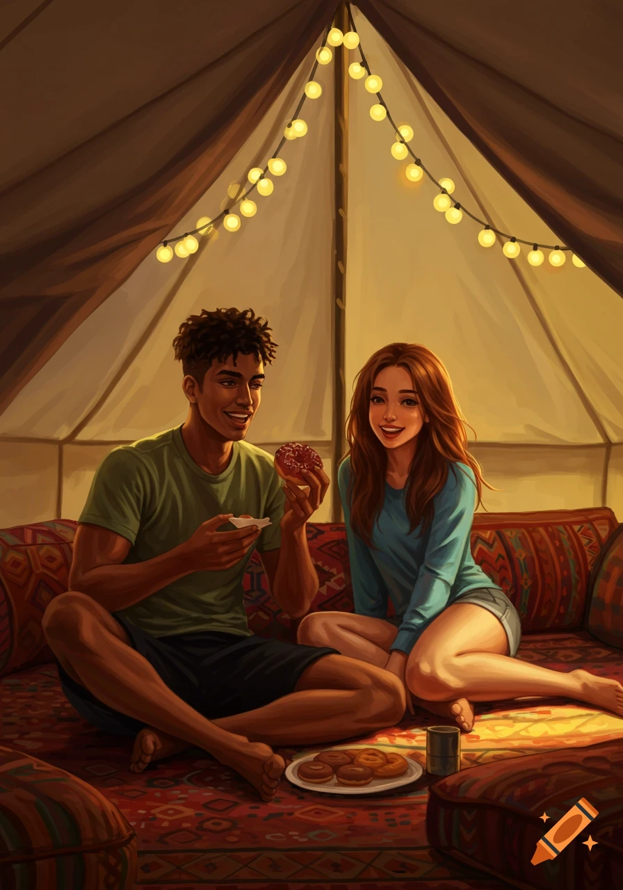 Digital drawing of a young couple sitting in a cozy tent with string lights, sharing donuts.