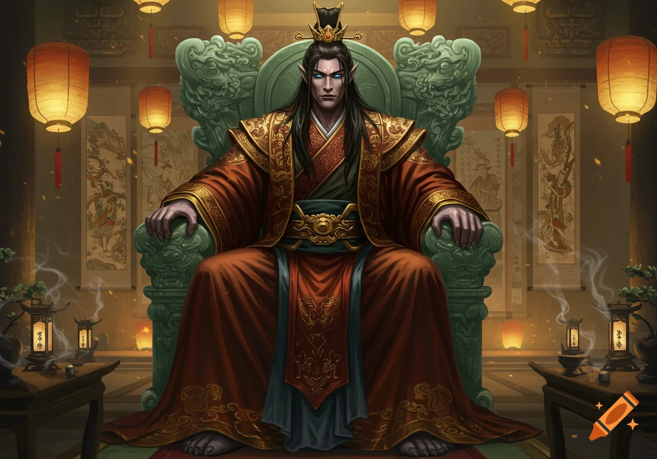 A regal mythical figure with elongated ears and blue eyes sits on an ornate green throne, wearing intricate gold and red Chinese robes, surrounded by traditional lanterns in a grand hall.