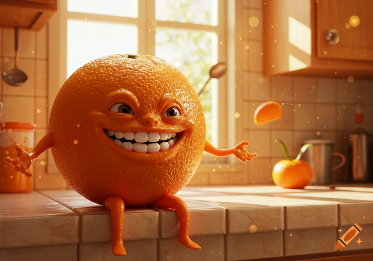 A smiling, anthropomorphic orange with a textured peel, arms, and legs sits on a kitchen counter with an orange slice floating nearby, bathed in sunlight.