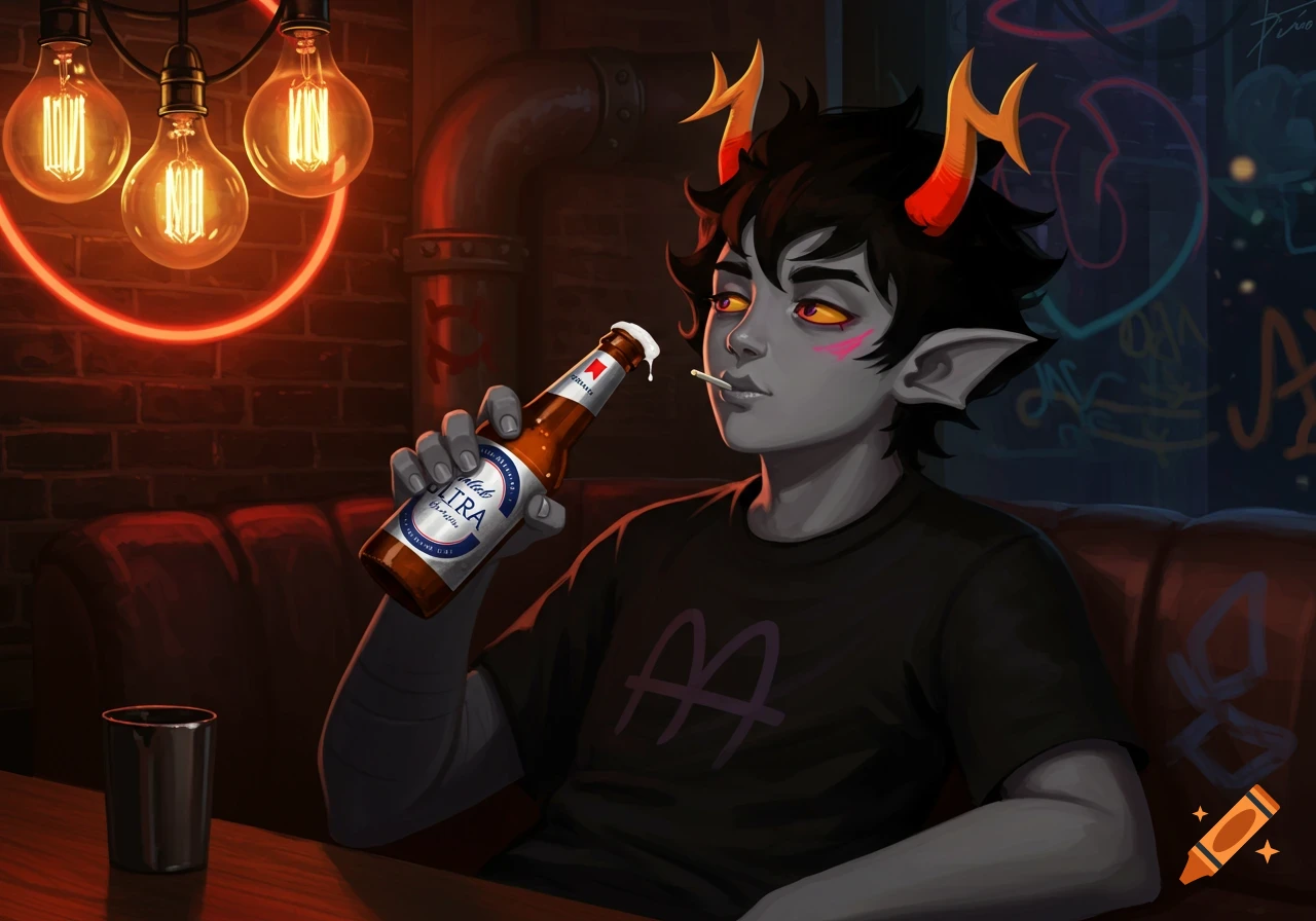 A grey-skinned fantasy character with horns sits in a dimly lit bar, drinking a Michelob Ultra beer.