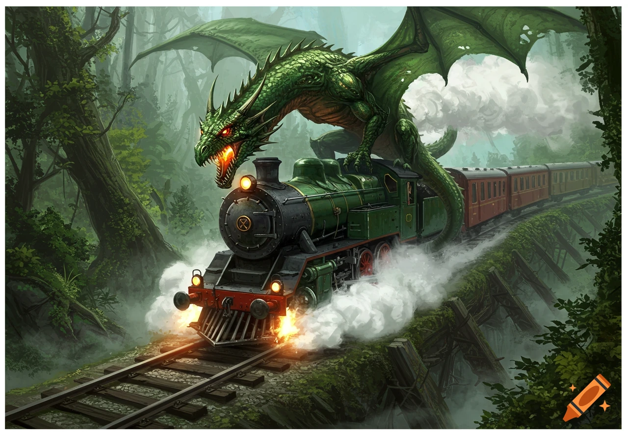A large green dragon with glowing red eyes perches on a green steam train as it travels through a misty, lush forest. Fantasy art.