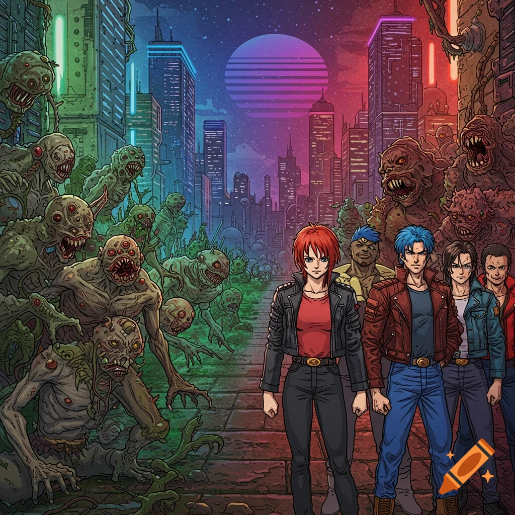 Anime-style characters stand on the right, facing a horde of grotesque monsters on the left, set against a cyberpunk city at night.