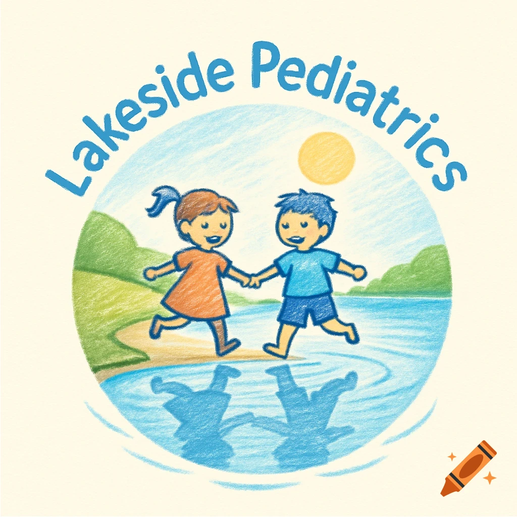 Crayon-style logo for Lakeside Pediatrics with two smiling children holding hands by a lake.
