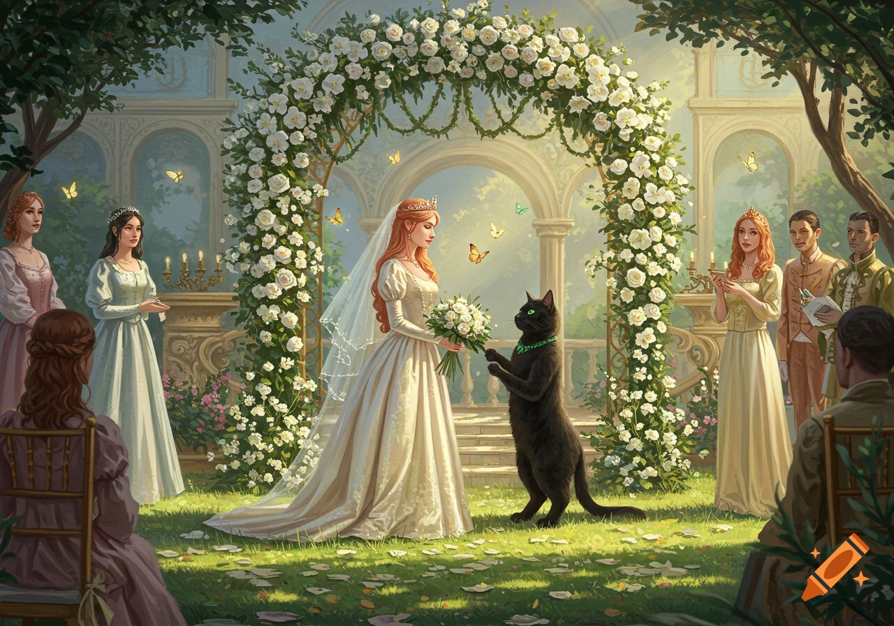 A princess in a wedding gown holding a bouquet stands before a black cat under a white rose arch in a royal garden.