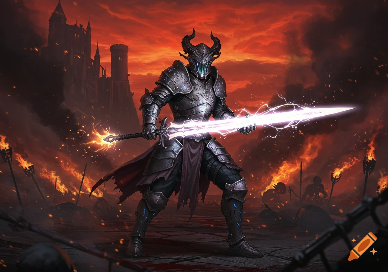 An armored knight with horns holds a glowing sword amidst a fiery battlefield with a castle under a red sky. Digital art.