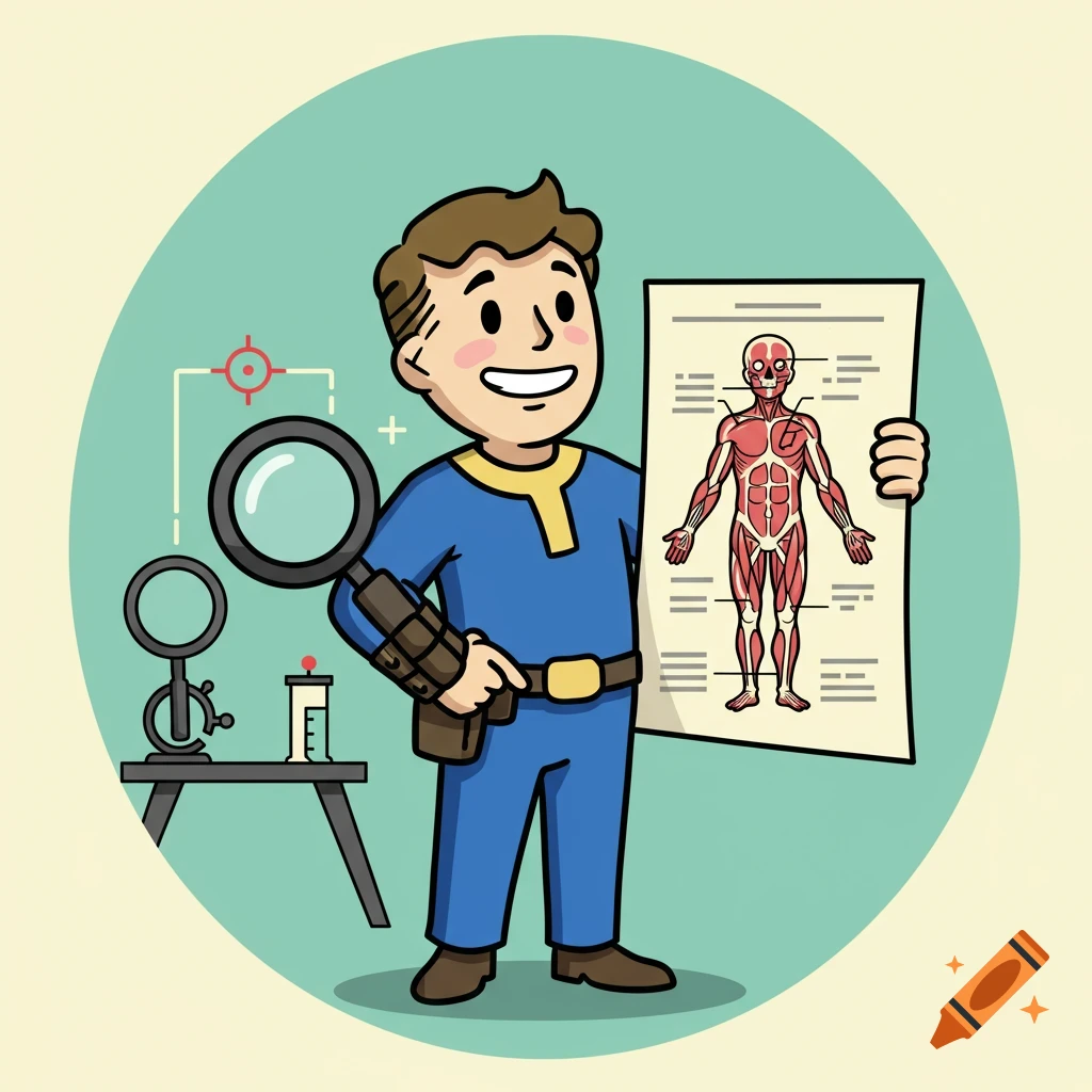 Vault Boy in a blue suit holding a human anatomy chart, with a large magnifying glass and scientific equipment on a table in the background, in a cartoon style.