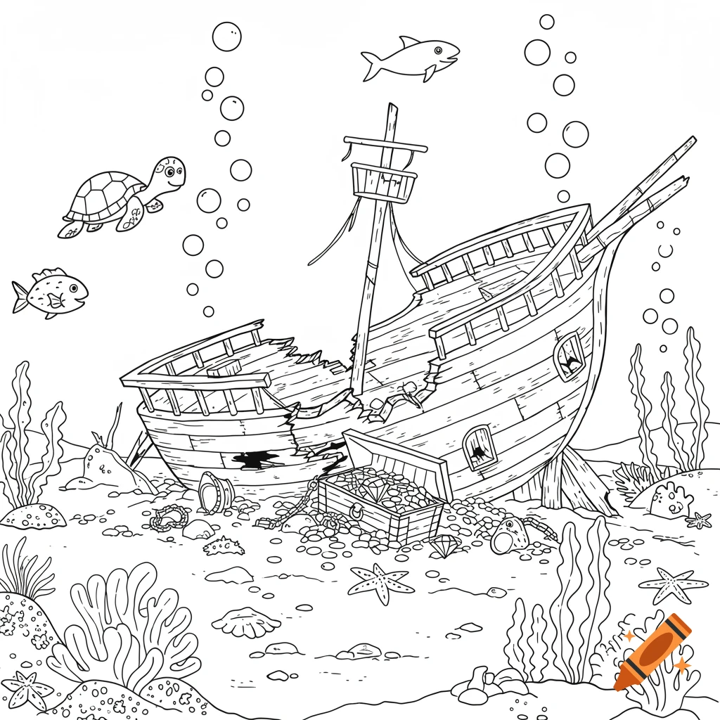 Simple line drawing for a coloring book featuring a sunken pirate ship, a treasure chest, seaweed, fish, and a turtle underwater.