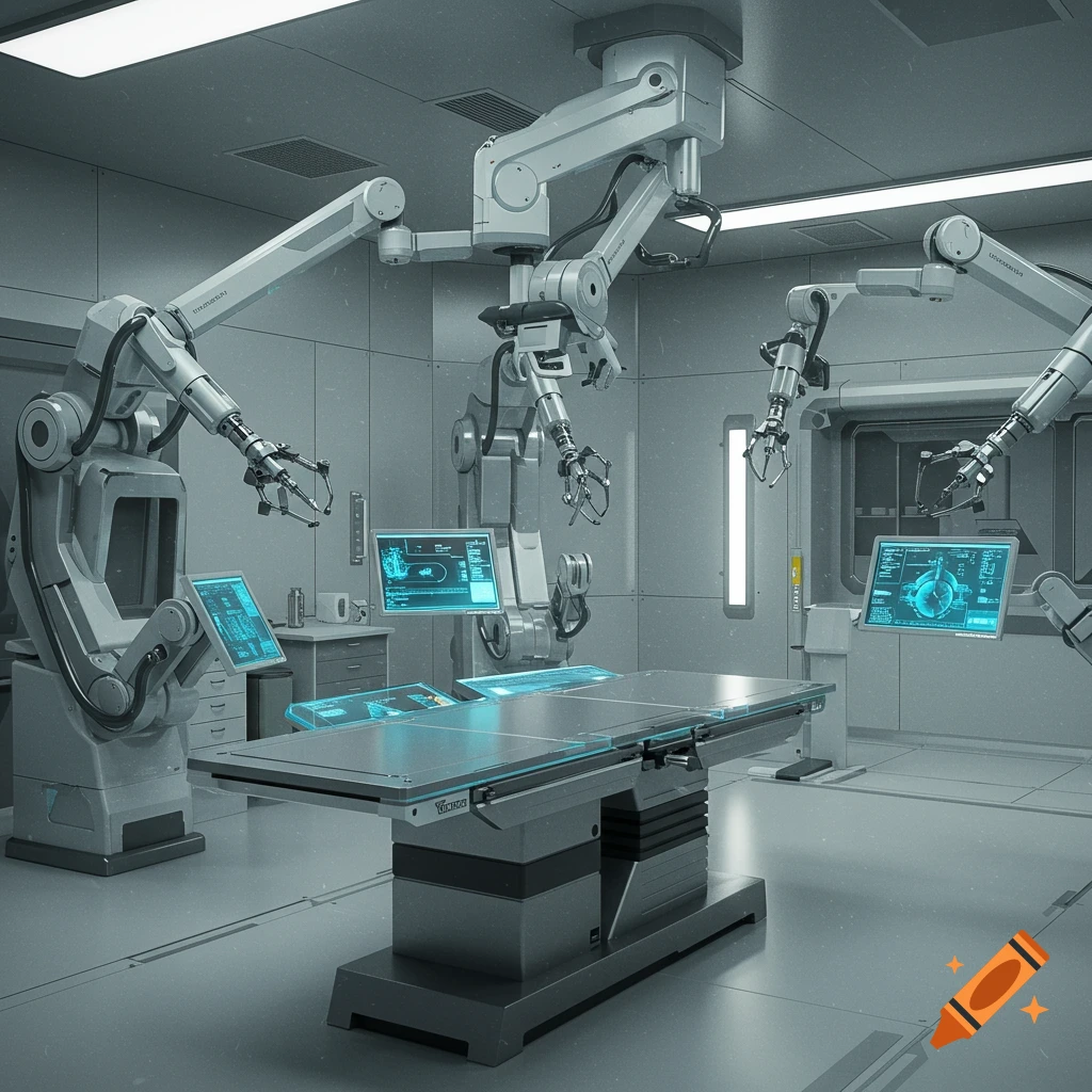 A futuristic sterile medical room with robotic arms, multiple glowing blue monitors, and a central examination table.