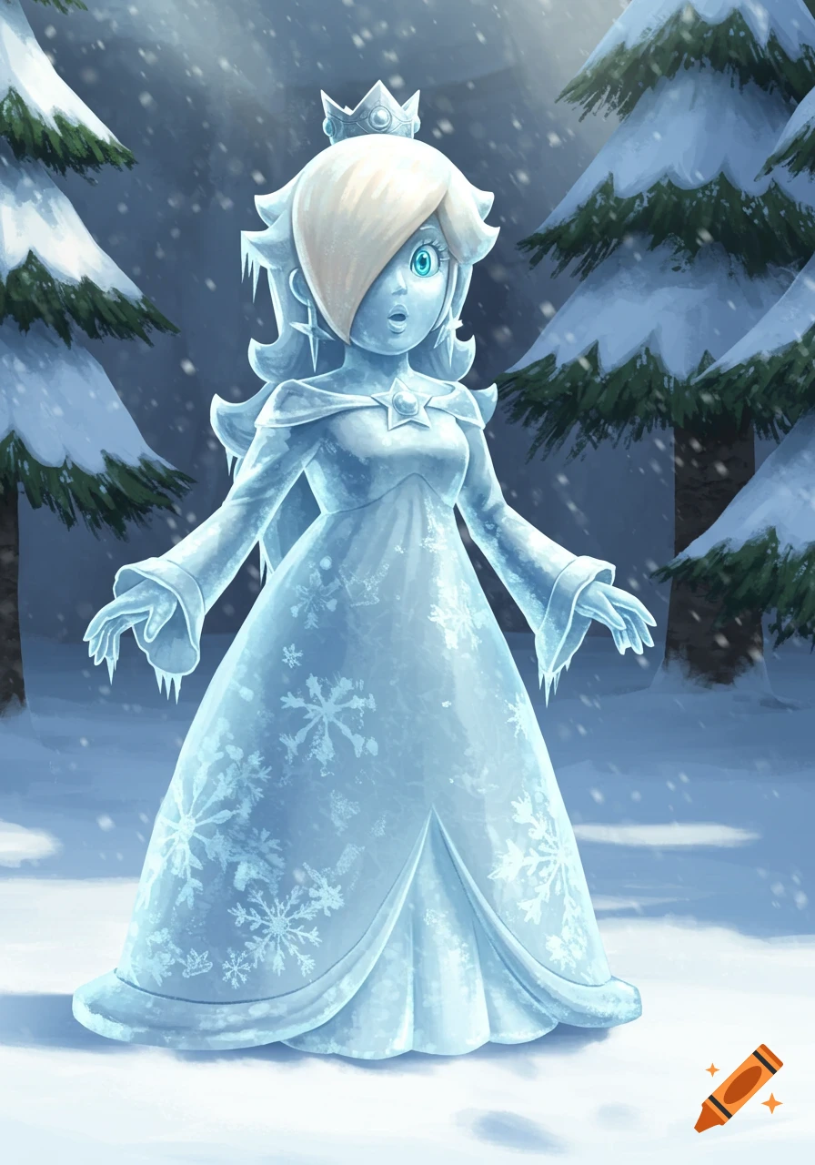 Rosalina as a surprised ice statue in a snowy forest.
