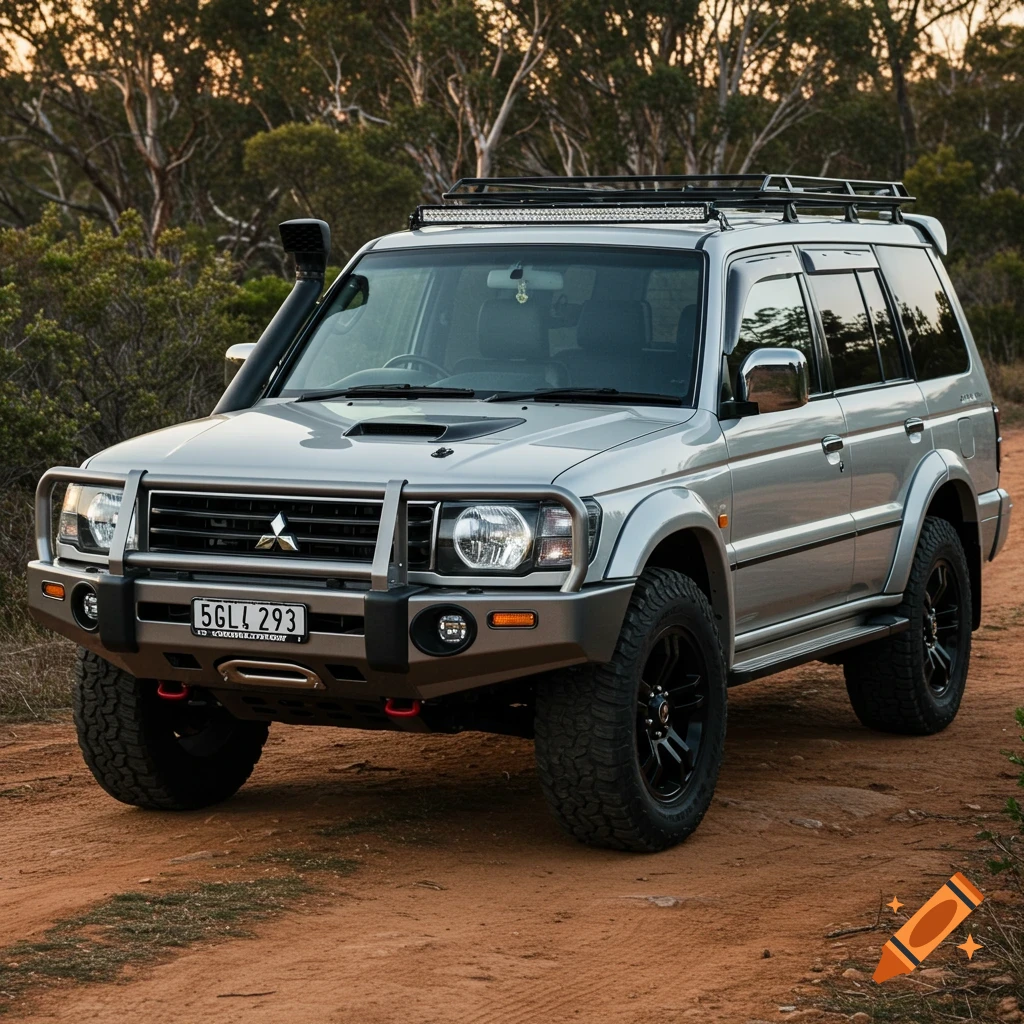 Photorealistic silver Mitsubishi Pajero SUV with off-road modifications on a dirt path.