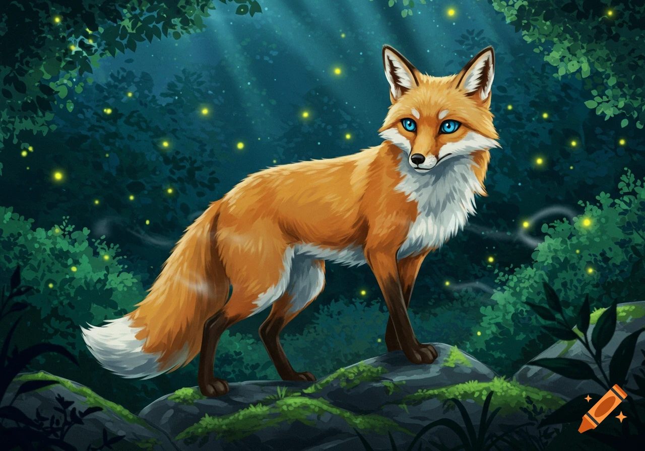 An anime-style orange fox with bright blue eyes stands on mossy rocks in a magical forest lit by fireflies.