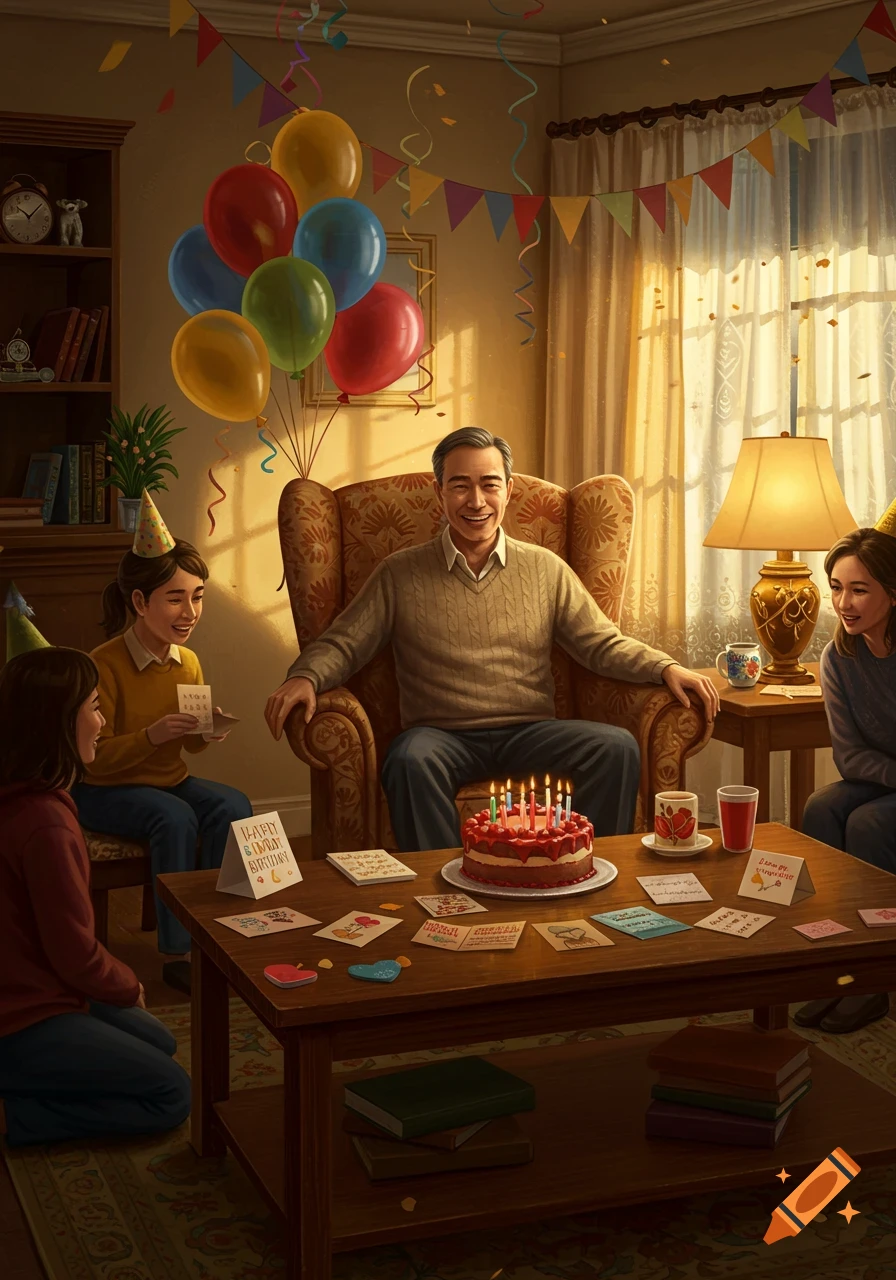 A family celebrates a birthday in a cozy living room, with a man seated at the center, surrounded by balloons, garlands, and a birthday cake.