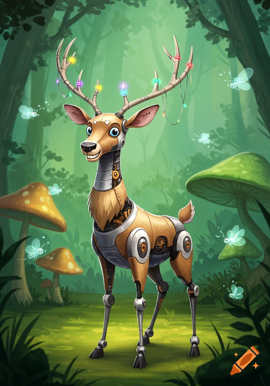 A smiling cyborg deer with colorful string lights on its antlers stands in a whimsical forest with glowing fireflies and large mushrooms.