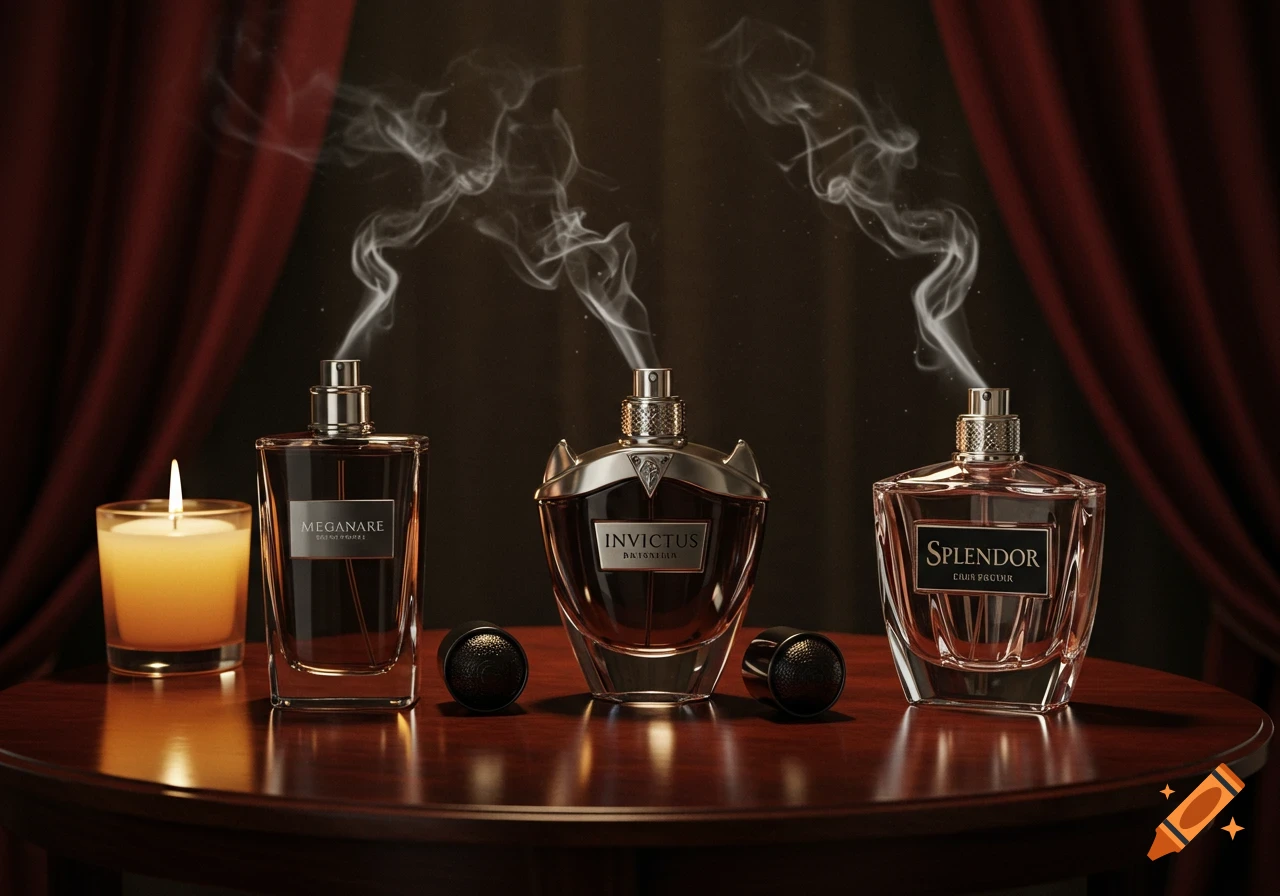 Three perfume bottles (Meganare, Invictus, Splendor) with smoke, a lit candle, and red curtains on a wooden table, photorealistic.