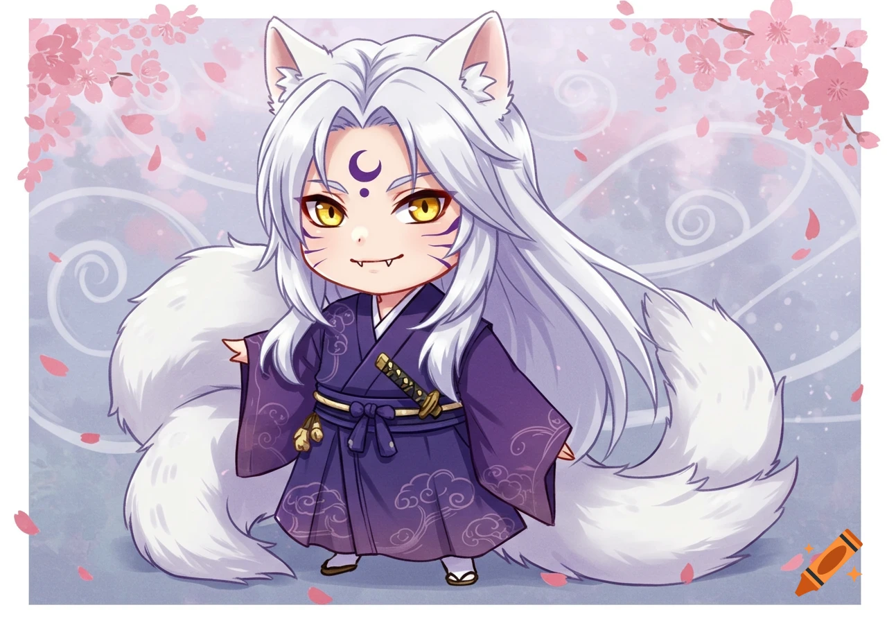 A chibi anime character with white hair, fox ears, yellow eyes, and multiple tails, wearing a purple kimono.