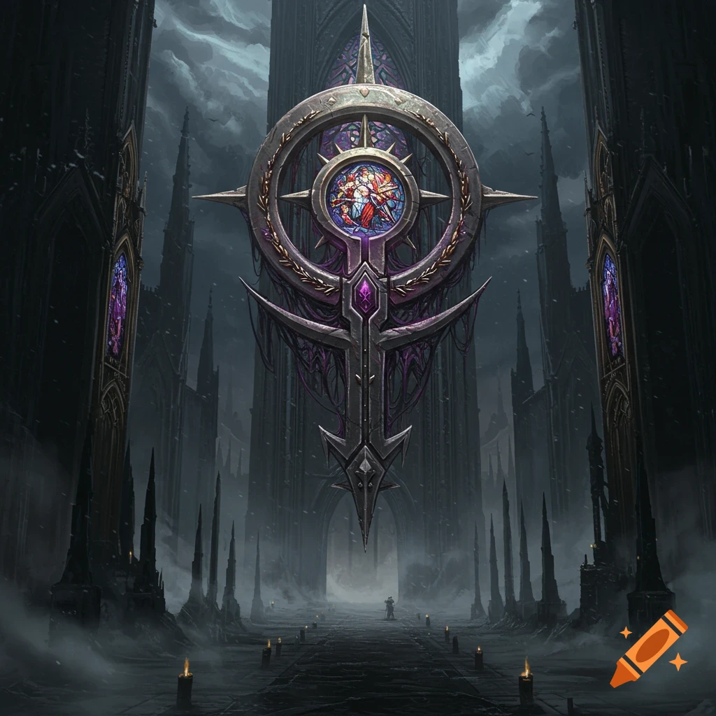 An imposing, ornate gothic symbol with a colorful stained-glass center, set against a dark, cloudy sky and a massive, gloomy cathedral.