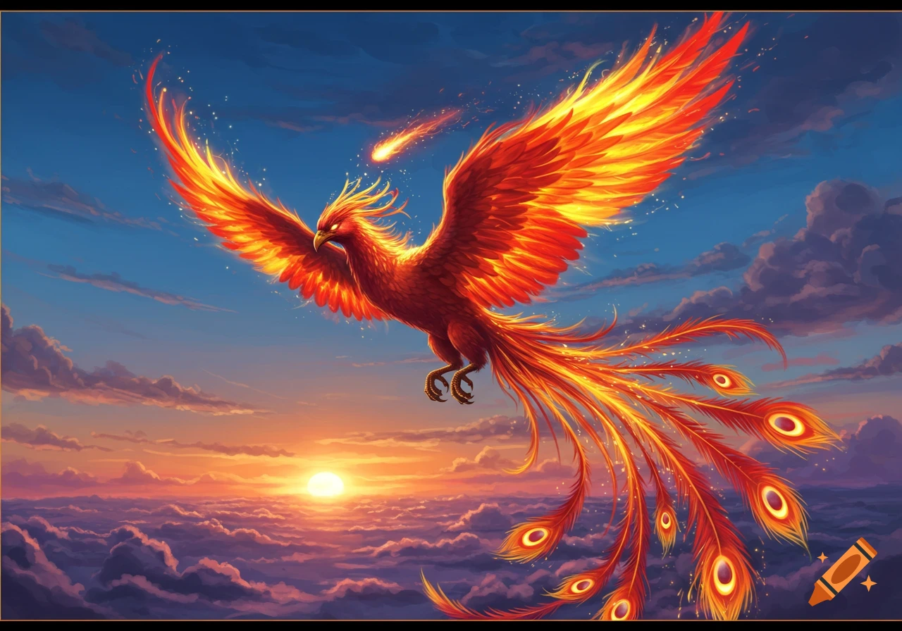 A vibrant, fiery phoenix with red, orange, and yellow plumage flies majestically across a dramatic sunset sky with clouds and a distant meteor.
