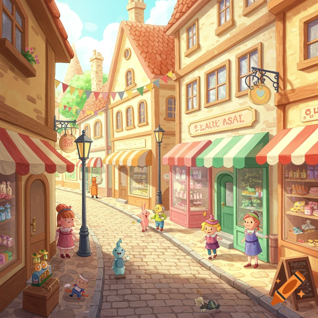 A whimsical cartoon illustration of a cobblestone street in a colorful town with shops, children, and fantasy characters.